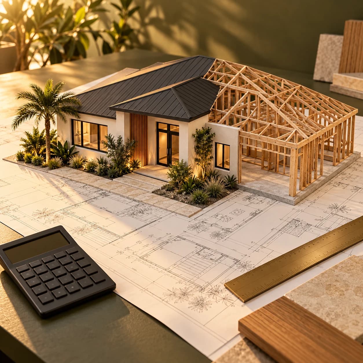Model of a partially built modern home on blueprints beside a calculator